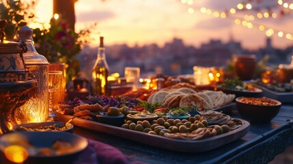 Obraz premium A Beautiful Sunset Dinner Table with Delicious Dishes and Warm Lights