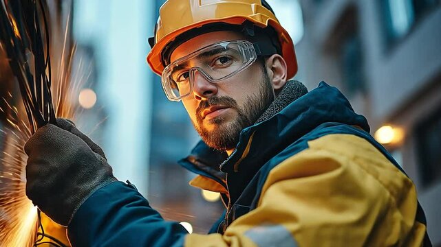 An urban worker wearing protective gear is industrious and focused while working on electrical cables.