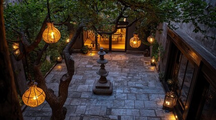 Illuminated Courtyard Garden With Lanterns And Tree
