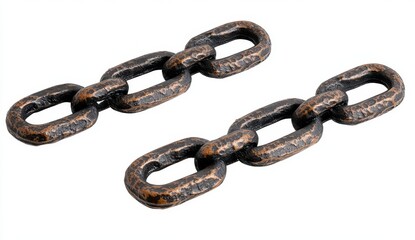 Fototapeta premium Two Metal Chains Interlinked Against White Background.
