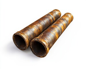 Two Rusty Metal Pipes Laying on White Background