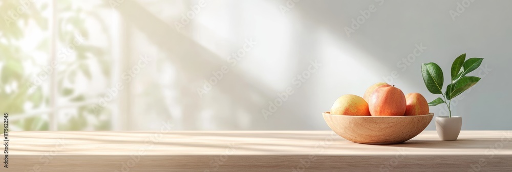 Poster Sunlight streams through a window, casting shadows on a wooden table where a bowl of peaches and apples sits beside a small potted plant, creating a serene and inviting kitchen atmosphere