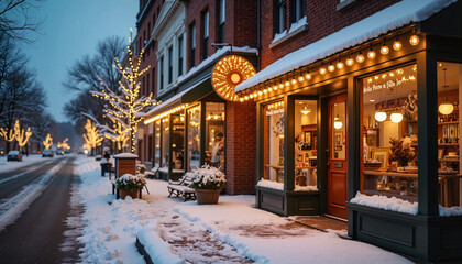 Naklejka premium Cozy storefront adorned with fairy lights in winter twilight, festive spirit