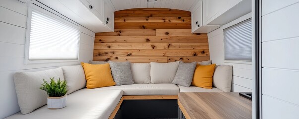 A cozy, modern interior featuring a comfortable seating area with wooden accents and bright cushions, perfect for relaxation and socializing.