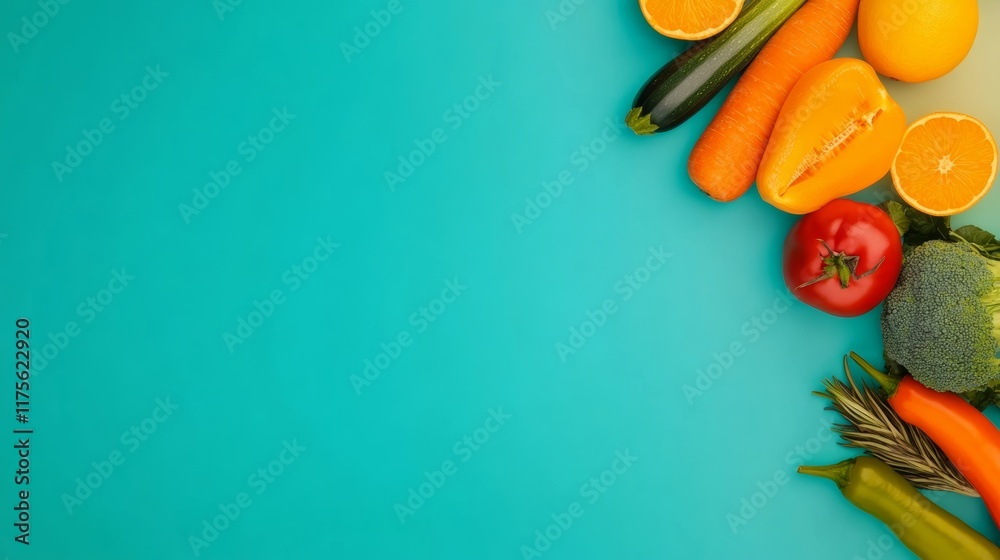Poster colorful vegetables and fruits arranged on the right side of a vibrant turquoise background, creatin