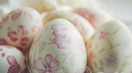 Fototapeta premium Artistic close-up of Easter eggs with dynamic floral designs in soft tones