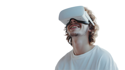 Happy Young Man Using VR Headset  Immersive Virtual Reality Experience