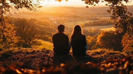 Couple Enjoying Sunset Together in Autumn. Peaceful Nature Scene. Romantic Outdoor Experience. Perfect Moment to Relax and Connect.
