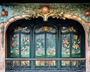 Obraz premium Art Nouveau Floral Stained Glass Window and Balcony
