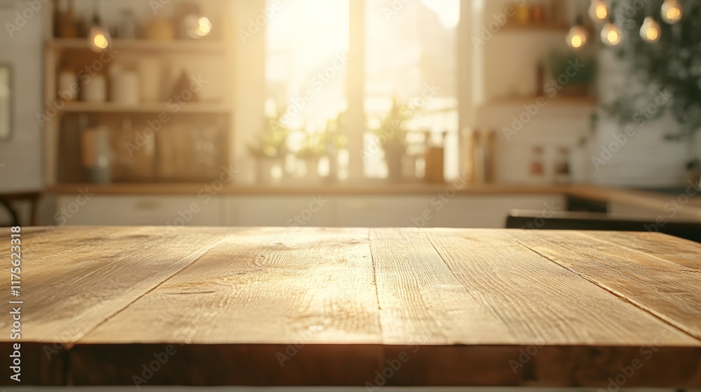 Fototapete warm sunlight illuminating an empty wooden table in a blurred kitchen background, creating a perfect