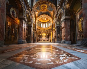 Obraz premium Magnificent Cathedral Interior: Ornate Mosaics, Marble Floors, and Golden Accents