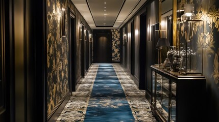 Luxurious hotel corridor, dark wallpaper, blue carpet, night ambiance, interior design