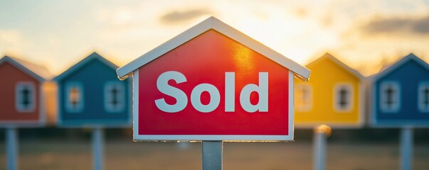 A colorful row of miniature houses with a prominent "Sold" sign in the foreground, symbolizing real estate transactions and successful sales.