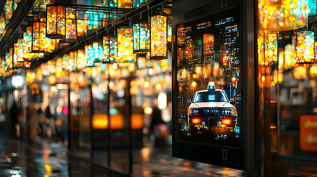 Futuristic city street scene displayed on a tablet, with colorful lanterns overhead. - Powered by Adobe