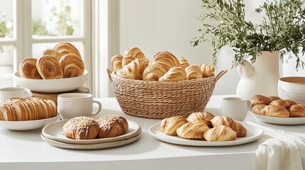 Indulge in the tantalizing aroma of freshly baked pastries, nestled in a rustic wicker basket. The table's pristine white surface offers a canvas for your culinary creations