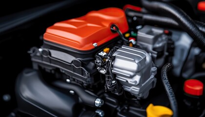 Fototapeta premium A close-up of a modern engine showcasing a vibrant orange cover, highlighting its intricate components and engineering design.