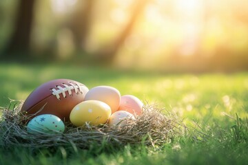 Springtime easter theme with football and colorful eggs in nest on green grass.