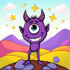 Cheerful Purple Cyclops Monster in a Whimsical Cartoon Landscape with Stars and Vibrant Hills