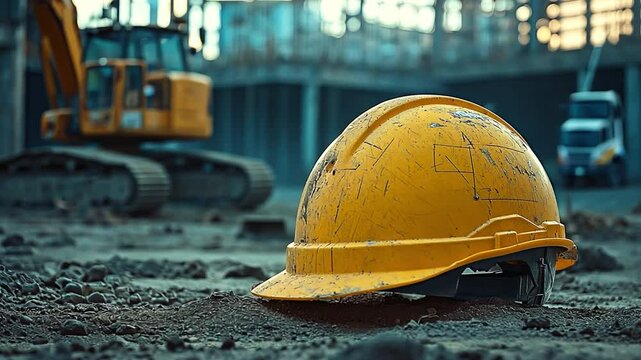 At a construction site, a yellow construction helmet bearing drawings