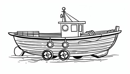 A charming illustration of a wooden fishing boat on wheels. Ideal for children's coloring books, activity sheets, and nautical-themed designs.