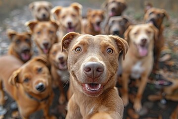 A joyful group of brown dogs looking playfully at the camera, showcasing their friendly expressions and camaraderie in a natural setting.