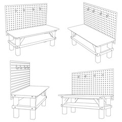 Workbench Line Art Vector Illustration on White Background. Functional and Detailed Design for Workshops, DIY, and Crafting