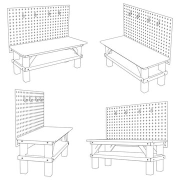 Workbench Line Art Vector Illustration on White Background. Functional and Detailed Design for Workshops, DIY, and Crafting