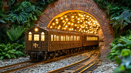 Obraz premium Illuminated model train exiting a brick tunnel adorned with greenery.