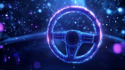A glowing steering wheel with neon lights, surrounded by vibrant particles, creates futuristic atmosphere