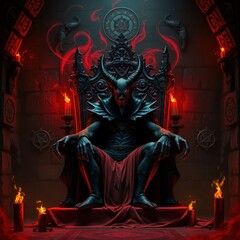 Fototapeta premium Dark Overlord on a Fiery Throne: The Infernal King in a Sinister Chamber Surrounded by Glowing Red Flames Satanism Symbol Background