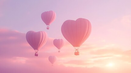 Pastel pink background with heart-shaped hot air balloons floating gently