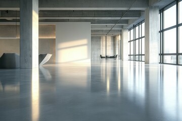 Spacious modern industrial loft with large windows and polished concrete floors.