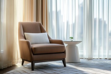 Cozy modern living room with armchair and side table by sunlit window.
