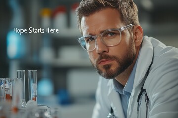 Fototapeta premium Caucasian male scientist in laboratory with test tubes and microscope preparing experiment.