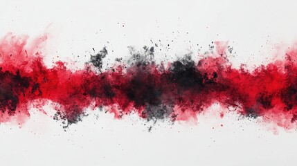 Abstract red and black powder explosion on white background.