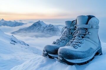 Sturdy hiking boots in snowy mountain landscape at sunrise.