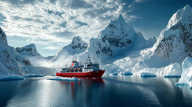 An isolated research outpost surrounded by icebergs, representing tenacity and discovery, is approached by the icebreaker.