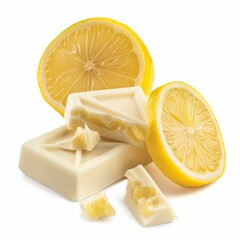 White chocolate pieces with lemon filling and two slices of lemon on white background
