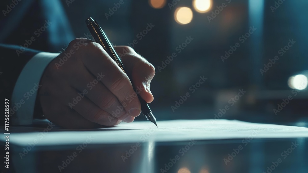 Poster close up of a businessman's hand signing a contract with an elegant pen, working late in a dimly lit
