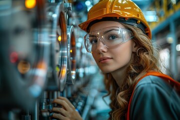 A focused female worker in safety gear examines machinery in an industrial setting, showcasing dedication and professionalism.
