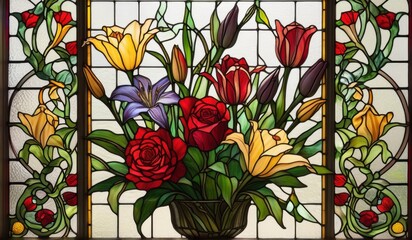 A vibrant stained glass window depicting a stunning arrangement of lilies, roses, and tulips in a