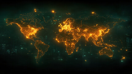 An Orange Glowing World Map Depicts Global Connections and Networks.