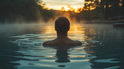 Morning swimmer breaking the surface of a serene lake, gentle ripples forming, soft mist rising in the quiet dawn atmosphere