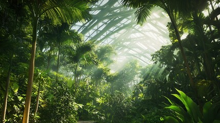 Lush greenery under geometric glass dome in sunlit tropical greenhouse.