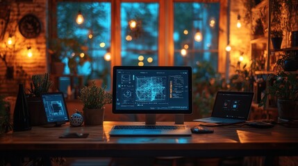Fototapeta premium Innovative workspace featuring a tablet with 3D designs, a premium laptop, and a motion capture sensor on a modern desk