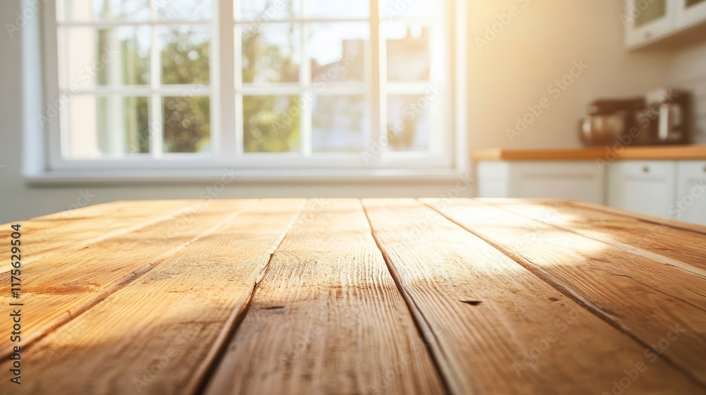Fototapete Sunlight is shining brightly through a large window in a kitchen, illuminating an empty wooden table in the foreground, creating a warm and inviting atmosphere