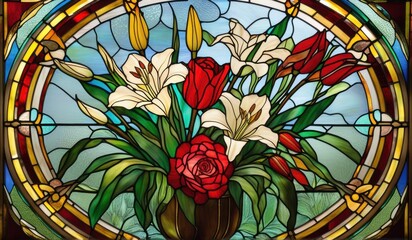 A vibrant stained glass window depicting a stunning arrangement of lilies, roses, and tulips in a