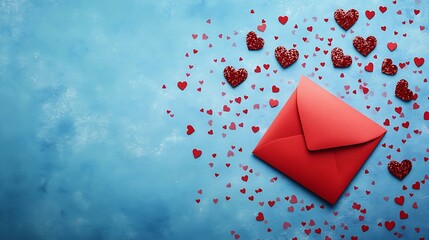 Valentineâ€™s Day greeting concept with a red envelope, heart-shaped confetti, and a soothing blue background, captured from above