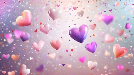 Valentine's Day-themed background with colorful hearts and shimmering confetti on a transparent layout