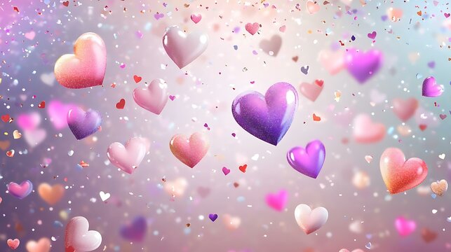 Valentine's Day-themed background with colorful hearts and shimmering confetti on a transparent layout